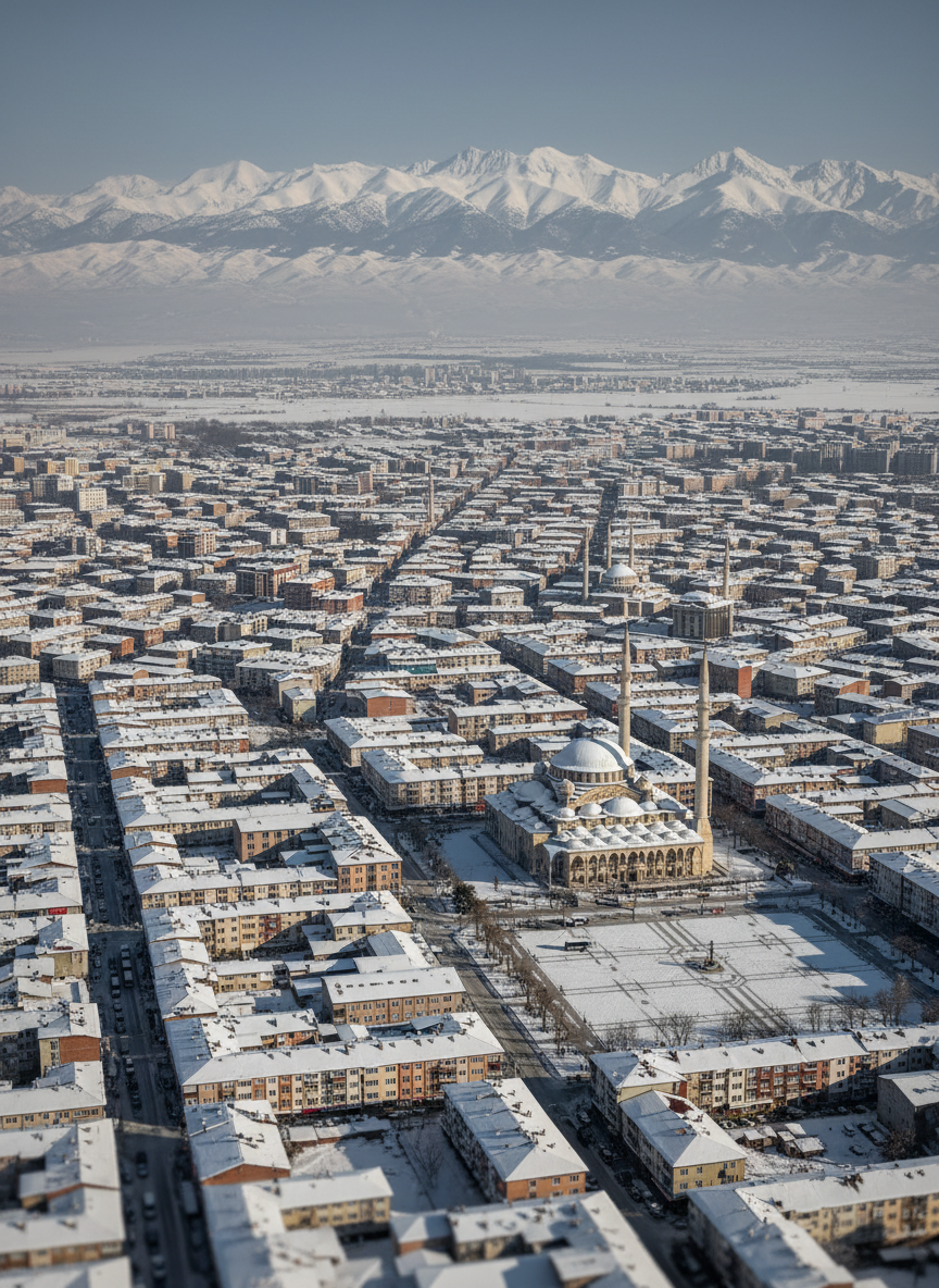 A detailed aerial photographic view of Ağrı city center in winter, with snow-dusted low-rise buildings, the prominent dome and minaret silhouettes rendered only as architectural shapes without visible people, and distant white mountains framing the horizon. The scene is captured in crisp afternoon light, with long, soft shadows defining the grid of streets and the town square. Billboards, buses, and shopfronts are visible but subtly blurred to avoid text, emphasizing the urban structure rather than branding. Shot with high-resolution clarity and moderate depth of field, the composition uses the rule of thirds to balance the city against the rugged landscape, conveying a professional, trustworthy local news atmosphere.