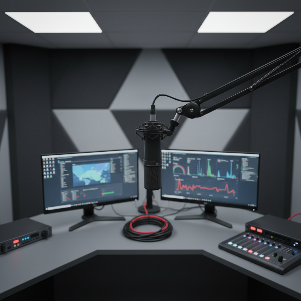 A high-angle photographic view of a modern, tidy local radio and news studio desk in Ağrı, strictly without any people, featuring dual computer monitors displaying blurred charts and maps, a professional microphone on an articulated arm, and neatly coiled audio cables. The desk surface is a muted gray, contrasting with small accents of red and blue indicator lights on the equipment. Cool, balanced LED lighting from overhead panels ensures even illumination without harsh shadows, creating a clean, precise mood. The background shows acoustic foam panels in geometric patterns, slightly out of focus. The composition is carefully centered, highlighting the technical infrastructure behind local news gathering and broadcasting.