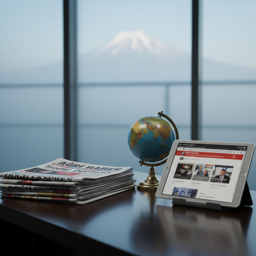 A close-up photographic shot of a dark wooden newsroom desk in Ağrı, covered with neatly stacked local newspapers, a tablet displaying a blurred news homepage, and a small, detailed desk globe highlighting Eastern Anatolia. Outside a frosted window, the faint outline of Ağrı Dağı’s snowy peak is visible, softly out of focus. Cool, diffused morning light falls across the desk, creating gentle reflections on the tablet screen and subtle texture on the paper. The mood is serious and professional, suggesting diligent local reporting. Captured at eye level with shallow depth of field, the composition centers on the intersection of print and digital media, embodying modern, reliable local journalism.