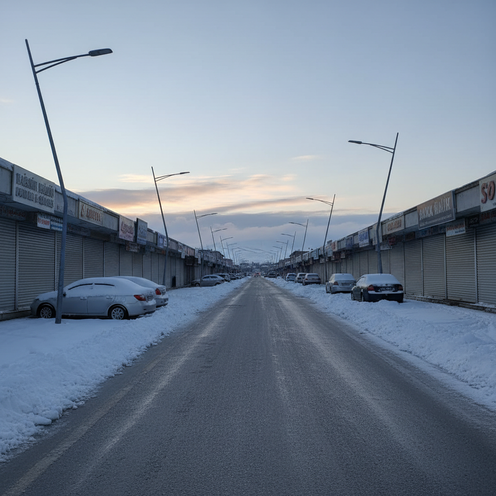 A wide photographic scene of Ağrı’s main street at dawn, entirely empty of people, with parked cars along the sidewalks, closed shop shutters, and crisp snow piled on the curbs. Streetlights are just turning off as pale blue morning light spreads, mixing with the last warm glow of the lamps and creating a balanced, neutral tone. The distant outline of hills and low clouds frames the background. Captured from a slightly low angle at street level, the composition leads the viewer’s eye along the receding road, symbolizing the city waking up to a new day of local news. The mood is calm, observant, and documentary-like.