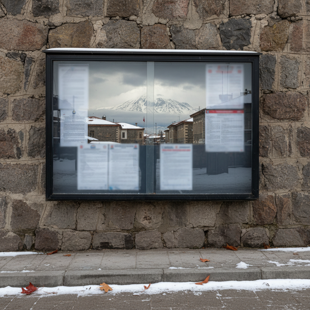 A detailed, photographic close-up of a municipal announcement board in Ağrı, mounted on a textured stone wall near a snowy sidewalk. The glass-covered board reflects the surrounding town buildings and a hint of distant mountains, while the papers behind the glass are intentionally out of focus so no specific text can be read. Soft overcast daylight produces even, neutral lighting with minimal harsh shadows, emphasizing clarity and professionalism. A few dry leaves lie on the pavement below, hinting at late autumn or early winter. Shot from an eye-level angle with moderate depth of field, the composition focuses on the board as a symbol of official local announcements and community information.
