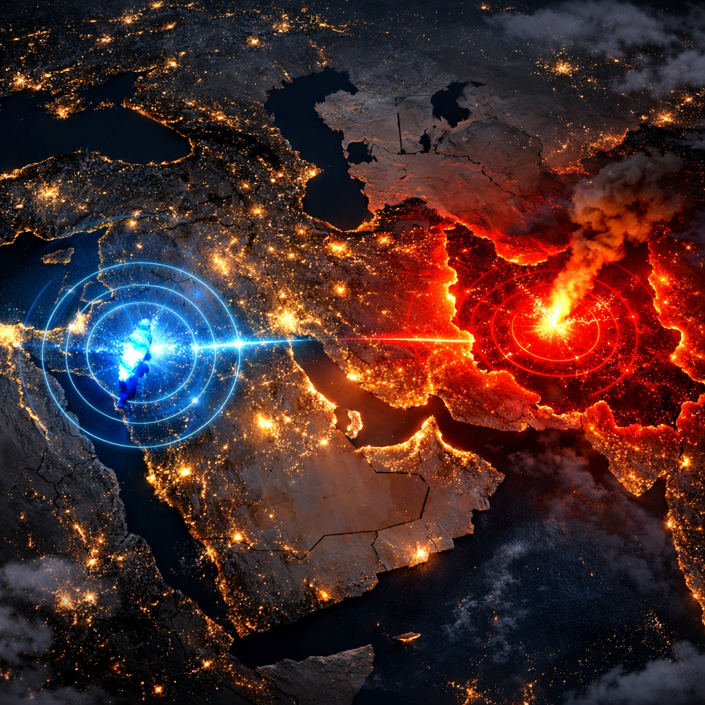 Map of Middle East showing two glowing energy hotspots connected by a light beam
