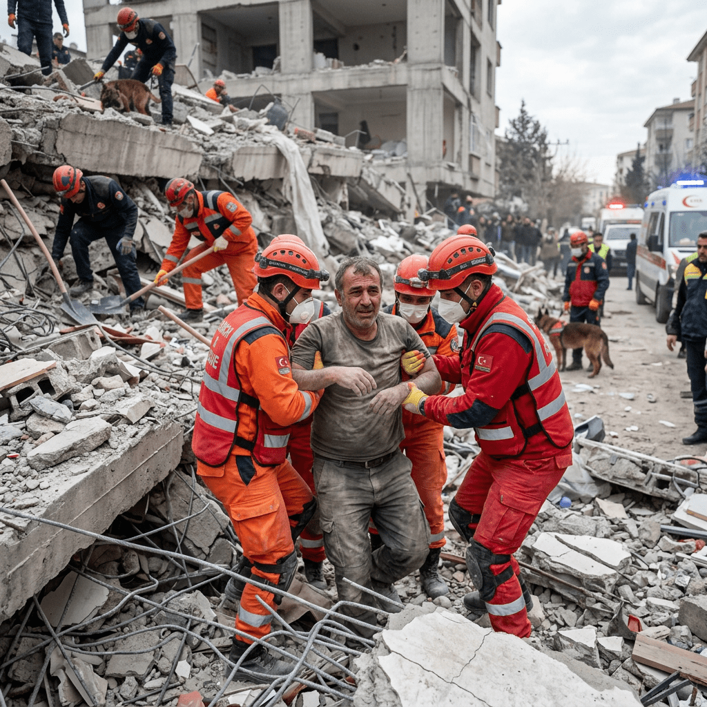 Rescue workers in orange uniforms help a dusty man walk through rubble of collapsed building.